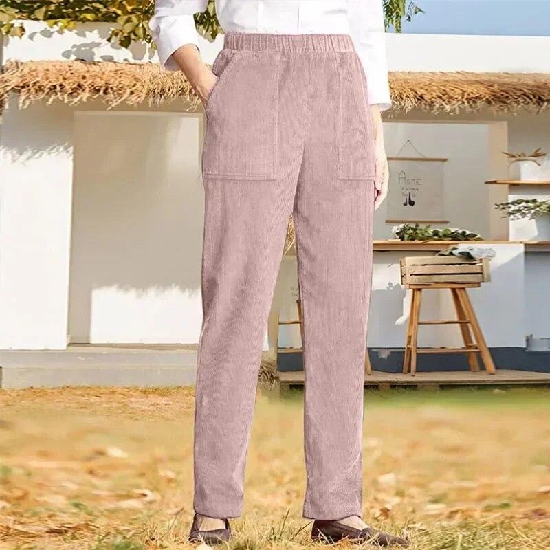 Fashion Straight Corduroy Long Pants Autumn Winter Casual Solid Color Elastic Waist Stripe Trousers Women Loose Fit Warm 30123