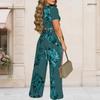 Dames Grote Maten Geometrisch Bedrukte Ronde Hals Korte Mouwen Cropped Top Wijde Pijpen Broek Tweedeelig Pak