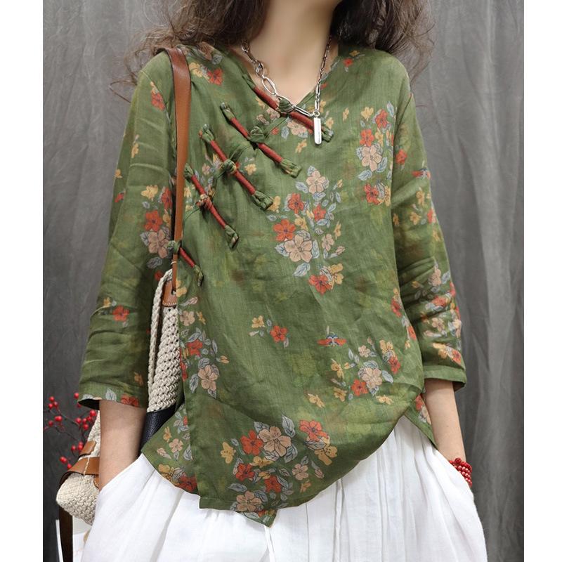 Asymmetrical Linen Frog Button Chinese Style Shirt, Spring/Summer 2026, Slimming Three-Quarter Sleeve Pullover.
