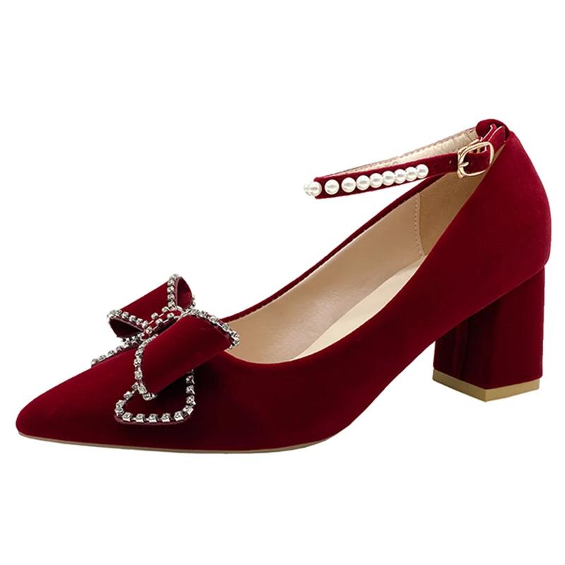 Red Crystal Wedding Pumps Women Pointed Toe Rhinestone Bowtie Bride Shoes for Wedding 2024 Luxury Pearls Ankle Strap Pumps Woman