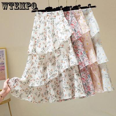 Summer Floral Irregular Ruffle Edge Versatile A-line Ins Super Fairy Cake Skirt Women's Half Body Skirt