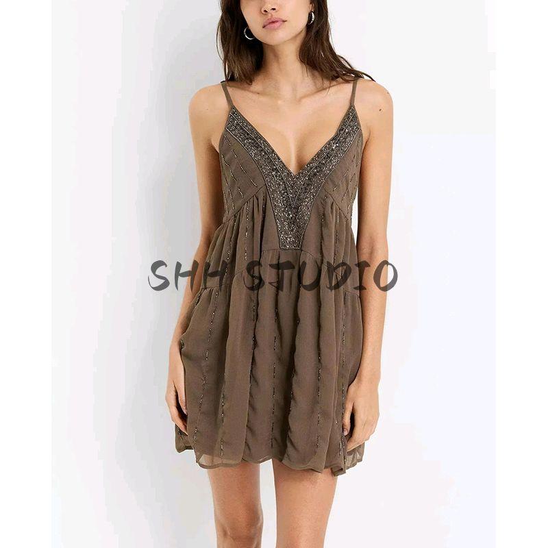 Summer New Women clothes Holiday Style Loose Slimming Simple Casual Beaded Sequined Embroidered Sling Mini Skirt