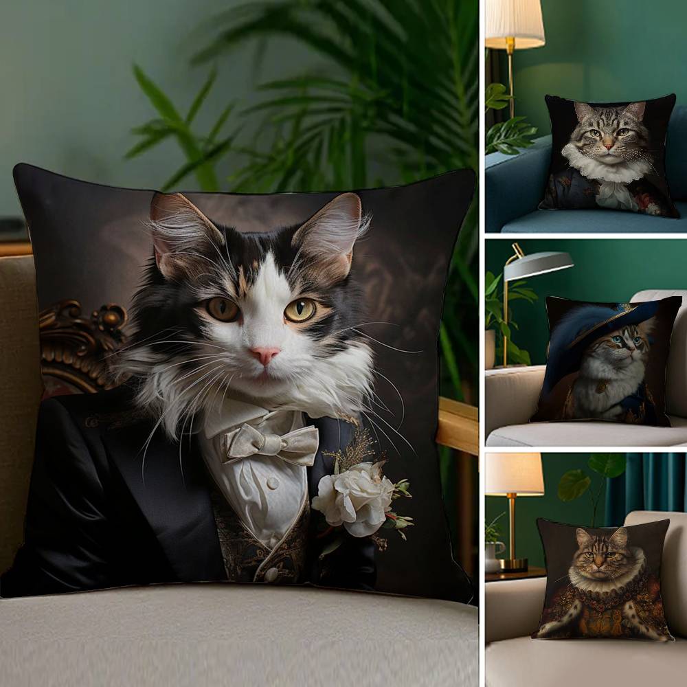Renaissance Royal Cat Funny Pillow Case Sofa Living Room Bedroom Double-Sided Printing Square Cushion Nap Time Pillow Case