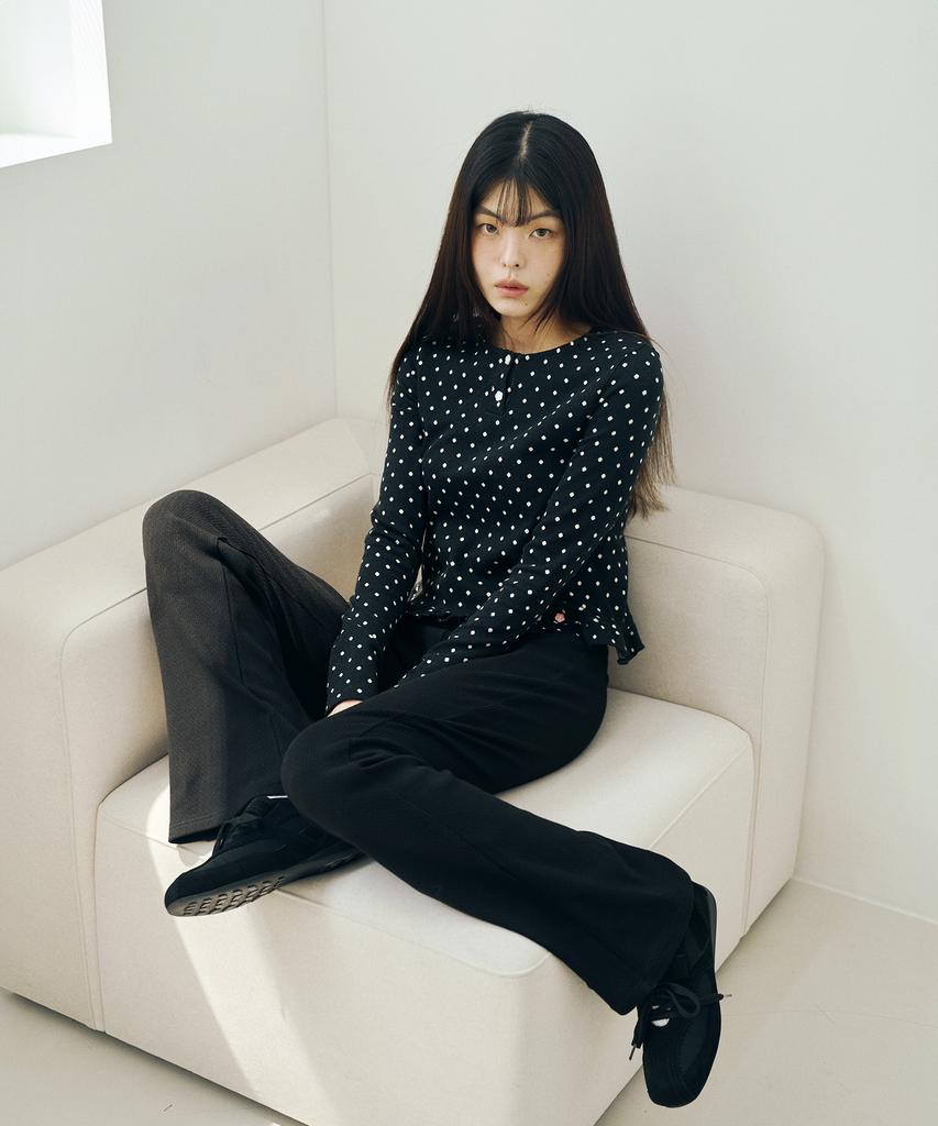 Mihebeu Polka Dot Frill Long Sleeve Black