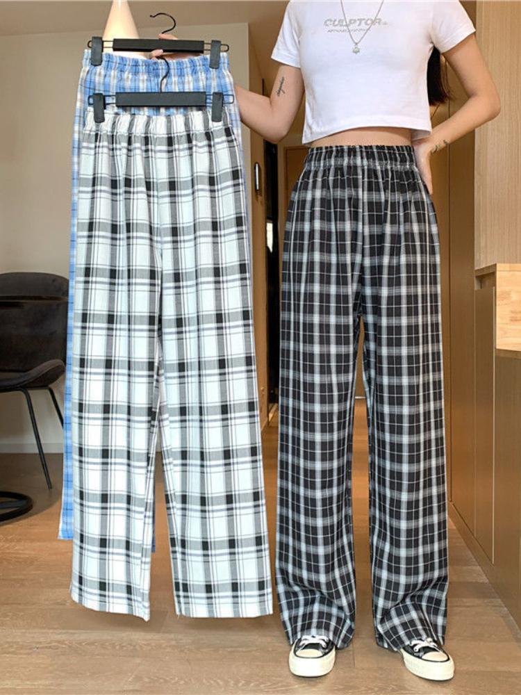 Vintage Plaid Women Pants High Waist Wide Leg Straight Pant Loose Casual Female Trousers Wide Leg Pant Fashion