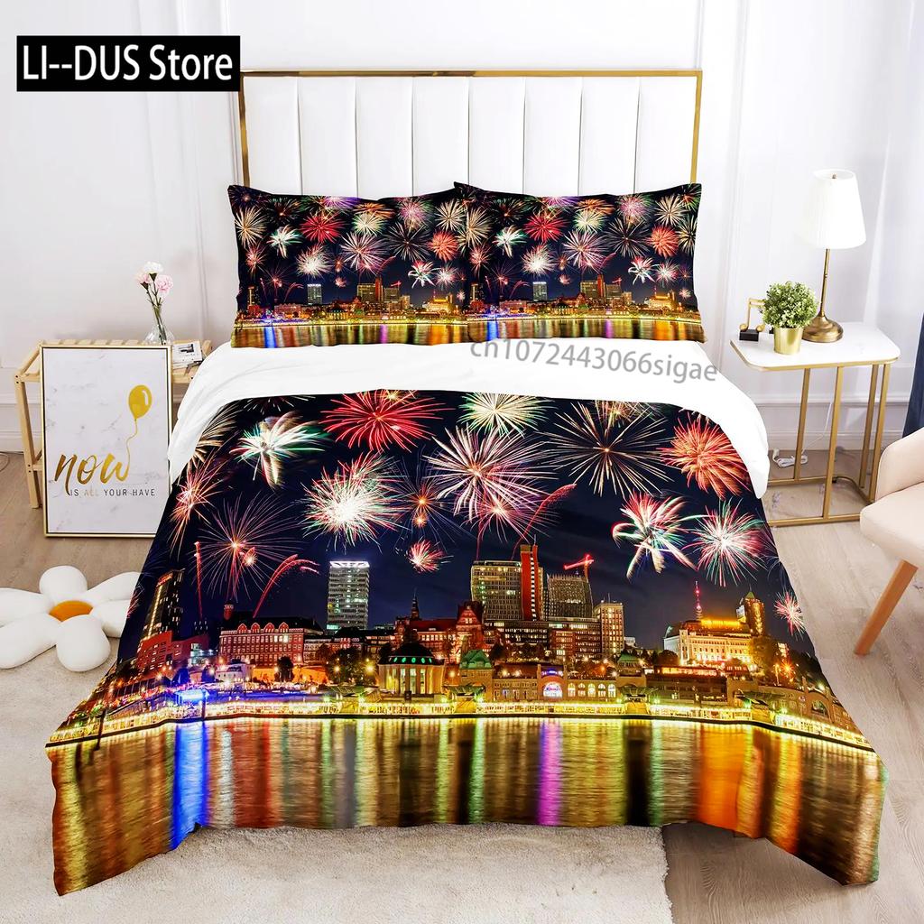 Colourful Fires Bedding Set Washed Cotton Firework Duvet Cover Queen Size Celebrate Merry Christmas Theme Soft Comforter Cover