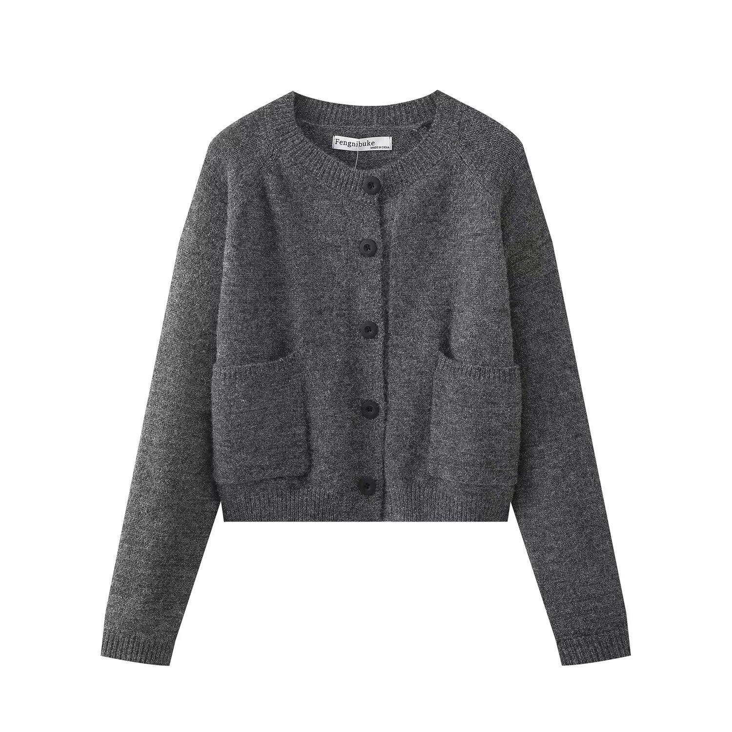 

Однотонный трикотажный женский кардиган в корейском стиле с длинным рукавом, однобортный женский джемпер с круглым вырезом, универсальный кардиган, короткое пальто L темно серый