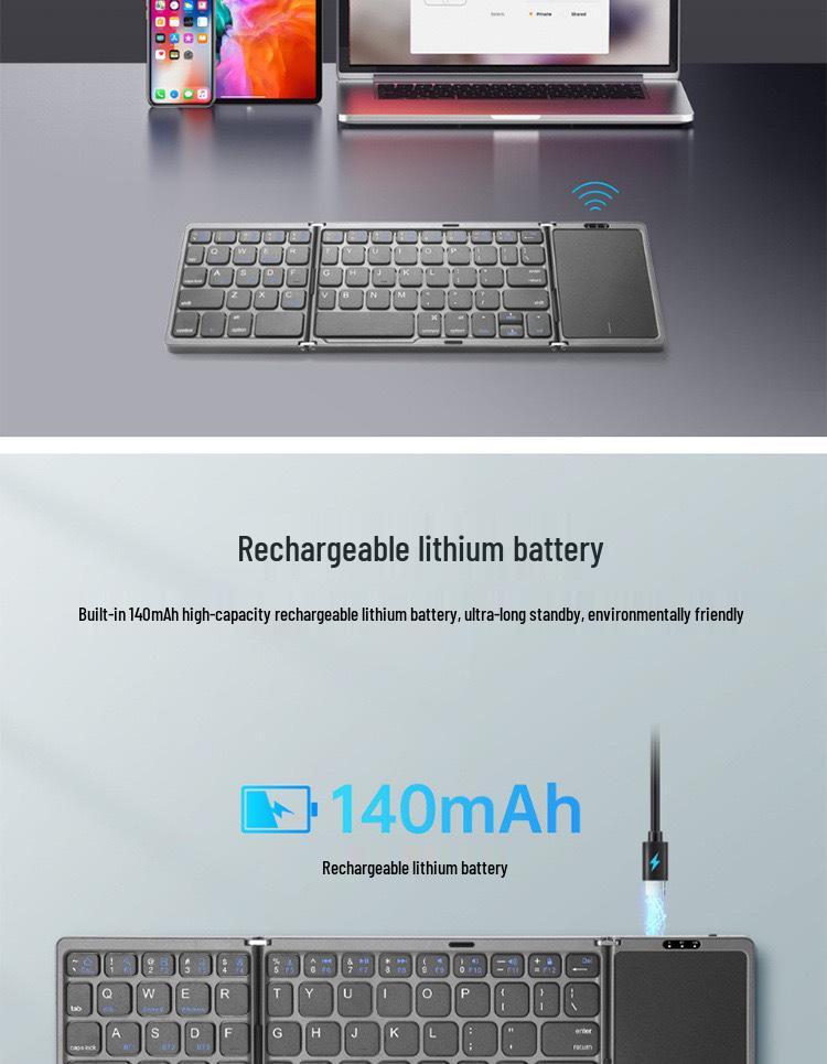 Tri-Fold Bluetooth Keyboard with Touchscreen for iPad & Laptop Business Use - Portable & Rechargeable.