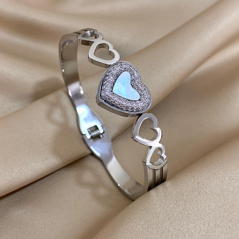 Stainless Steel Bangle Bracelet Inlay Luxury Rhinestones Gorgeous Synthetic Zirconia Geometric Oval Square Stars Shape for Women