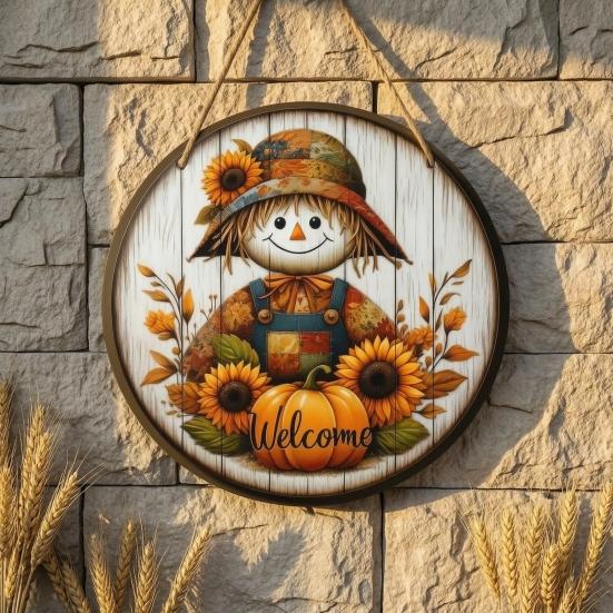 Handcrafted Wooden Wall Decor Natural Autumn/Summer Pendant with Hanging Rope for Front Door, Creative Rustic Entrance Door Sign Welcome Sign,