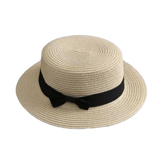 Beach Straw Hat Flat Top Wide Brim Sun Protection Hat with Black Ribbon Bow Hand-Woven Breathable Summer Hat