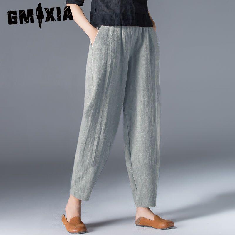 

GMXIA Закажите на 9 размеров больше, Женские летние повседневные свободные хлопково-льняные брюки-шаровары с эластичной талией, зауженные брюки, укороченные брюки XXXXXL серый