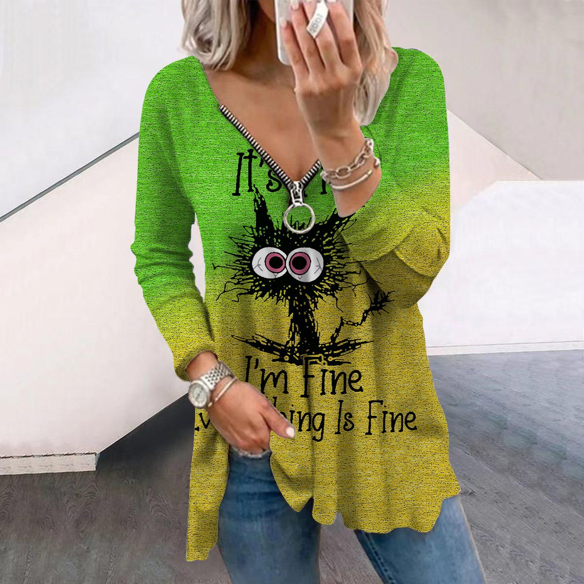 

Женские осенние креативные футболки с длинным рукавом и принтом Catletter, свободные футболки больших размеров с V-образным вырезом, удобные блузки 8XL жёлтый