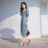 Xiangying Elegant French Style V-Neck Denim Midi Dress