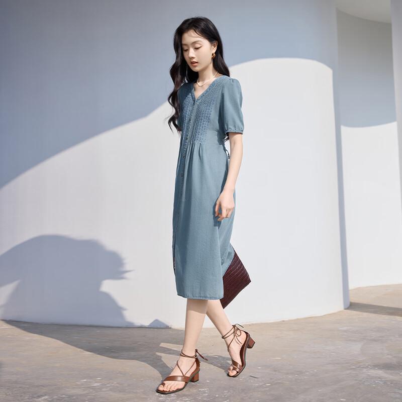 Xiangying Elegant French Style V-Neck Denim Midi Dress