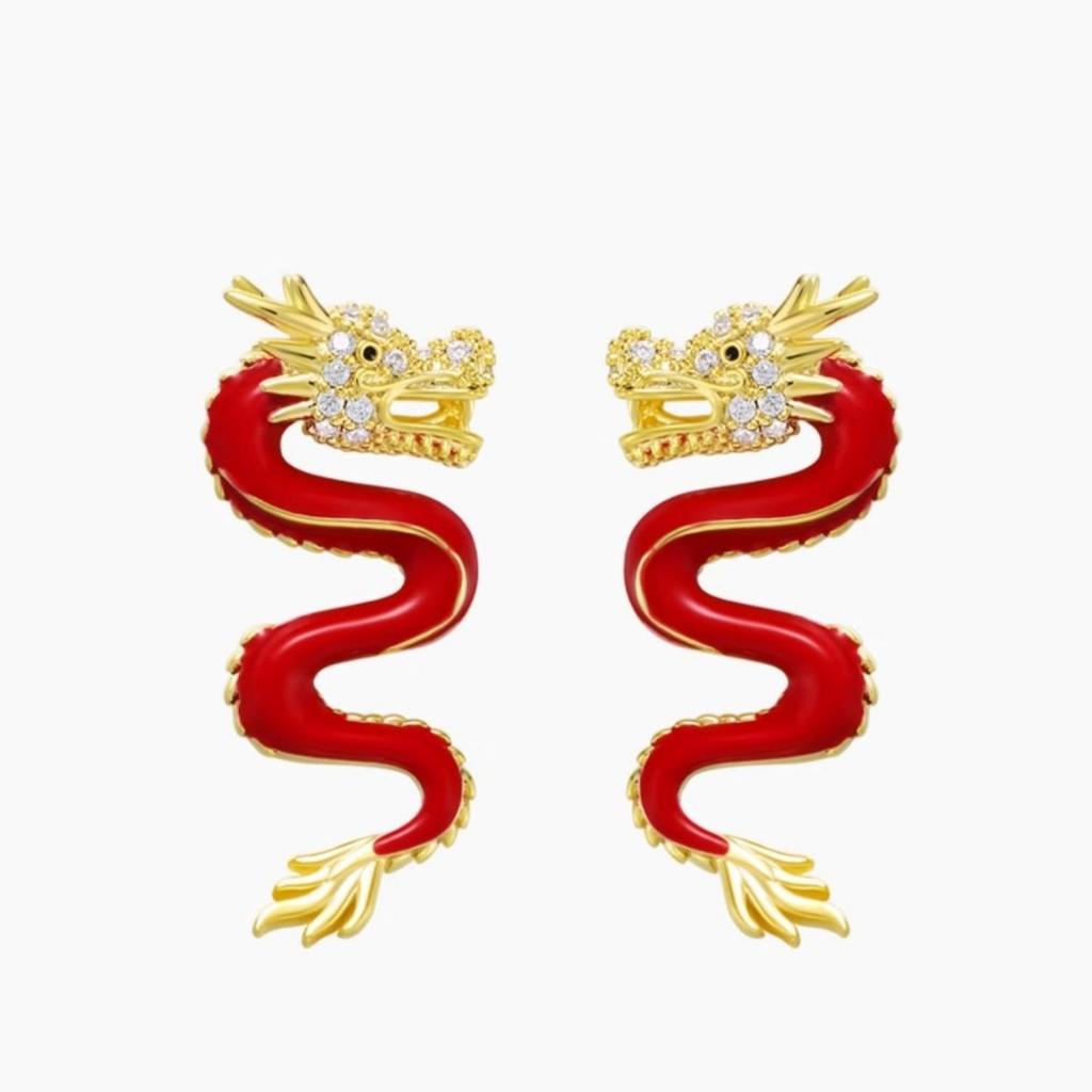 Retro Red Dragon Stud Earrings 2024 Chinese Zodiac Personality Design Exaggerated Earrings for Female New Year Jewelry