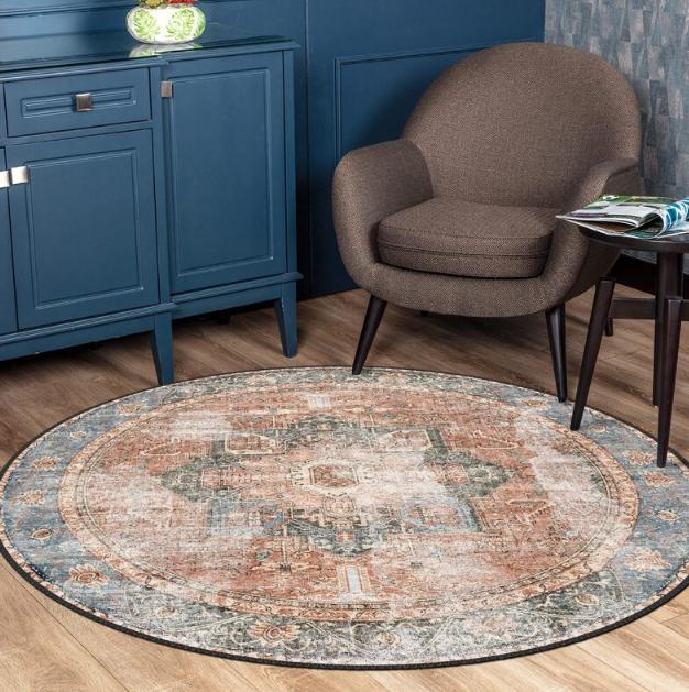 Vintage Persian Round Rug Floral Art Deco Chenille Carpet Floor Mat Ocean Round Carpet Modern Abstract Sea Rug Home Decoration