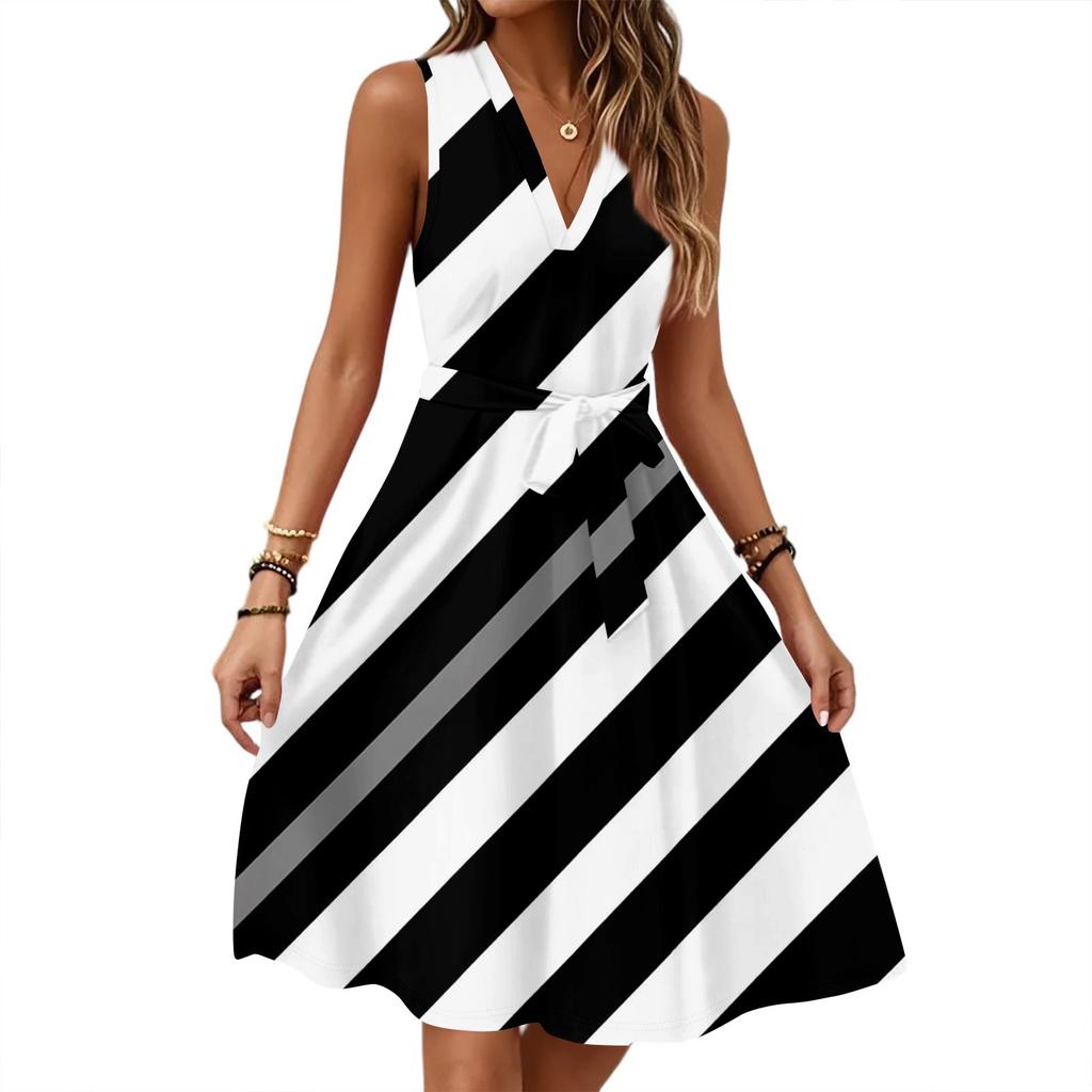 Women's Summer Fashion Loose V-Neck Sleeveless Lace-Up Striped Print Dress