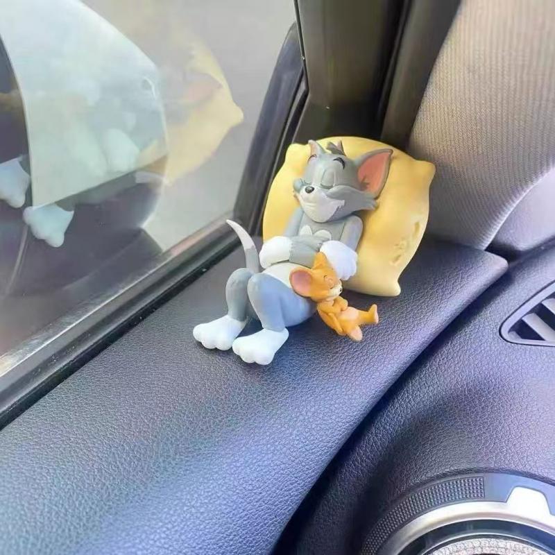 PVC Sleeping Tom and Jerry Car Ornament, Sweet Sleep Dolls for Car Interior Decoration, Cute Cartoon Dashboard Figurine