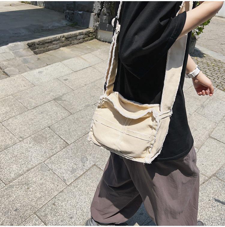 2024 Japanese Ins Canvas Retro Women's Shoulder Bag with Frayed Edges