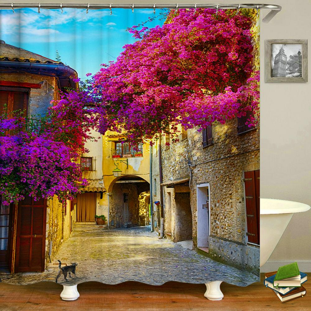 Rural Idyllic Flowers European Garden Shower Curtain Bathroom Waterproof 3d Printed Bath Curtains With 12 Hooks Polyester Cloth