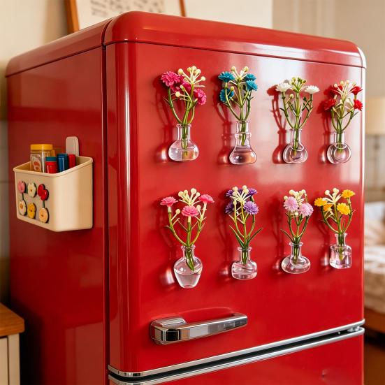 1/8/10Pcs Vertical Greenery Vase Magnetic Mini Clear Glass Propagation Vase with Faux Flowers Dorm Room Plant Decor