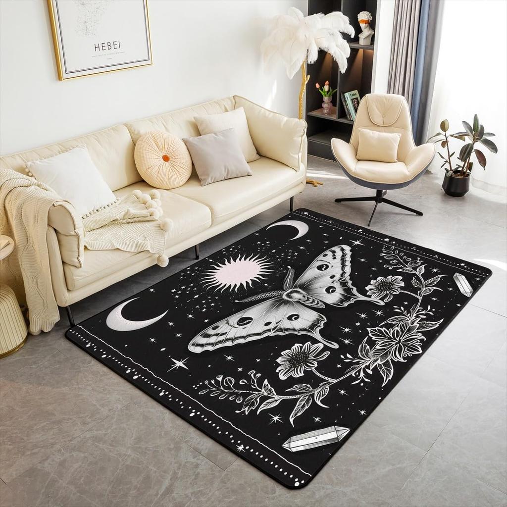 Erosebridal Moth Skull Moon Area Rug 4'11" X 3'3" Bohemian Stars Exotic Living Room Rugs Starry Sky Mysterious Decorative Carpet Black and W