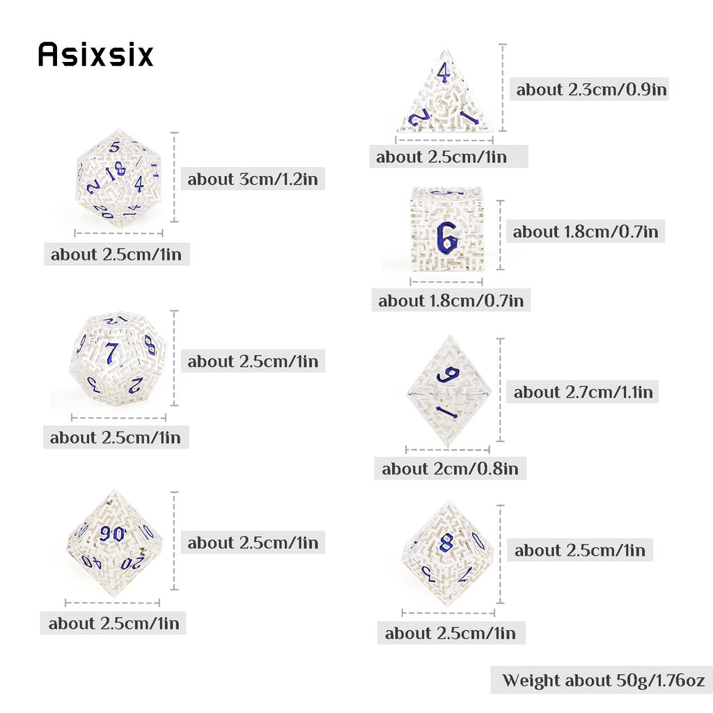 7 Pcs  White Blue Metal Dice Maze Hollow Metal Polyhedral Dice Set Suitable for Role-Playing RPG  Board Game Card Game