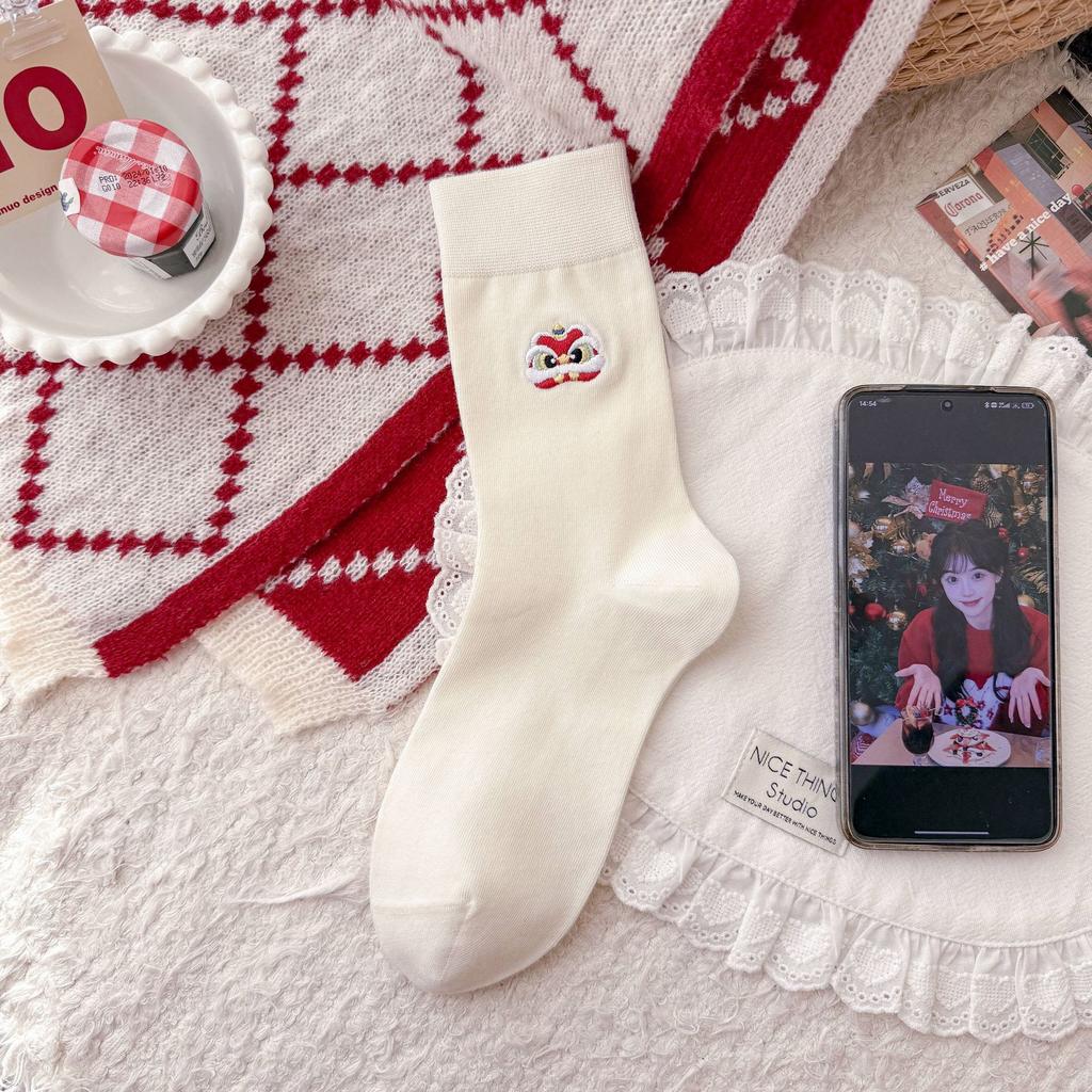 Red Socks Year Of The Dragon Red Socks Embroidered Cotton Socks Cute Festive New Year Medium Tube Wedding Stockings