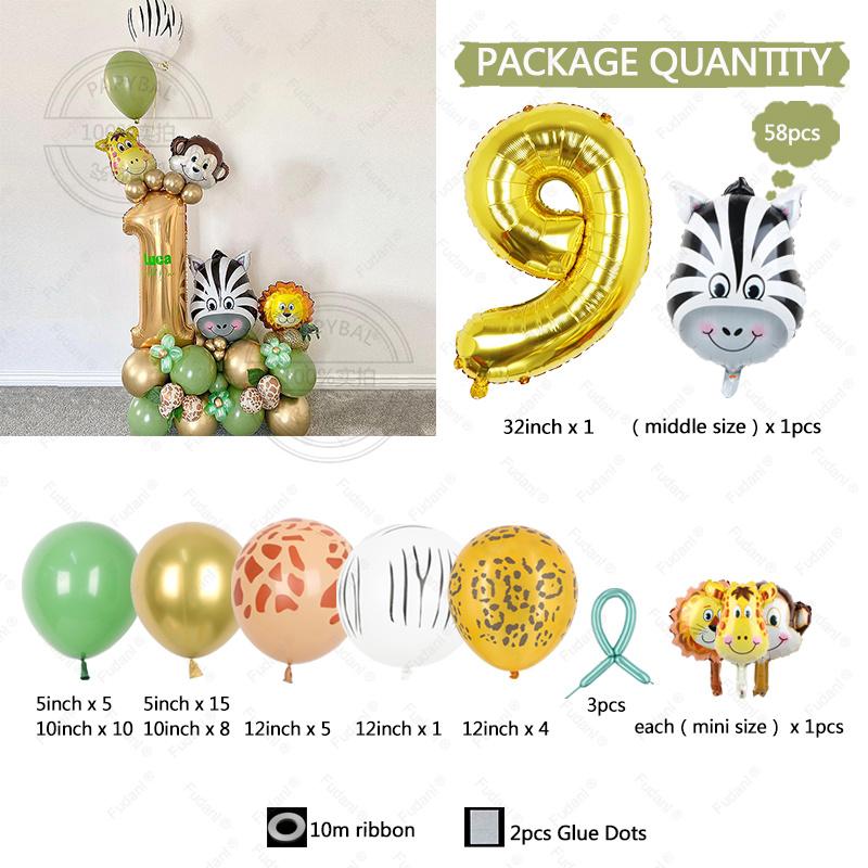 58pcs Wild Jungle Party Theme Gold Number 1-9 Balloon Garland Kit Birthday Baby Shower Gender Reveal Party Supplies Decorations