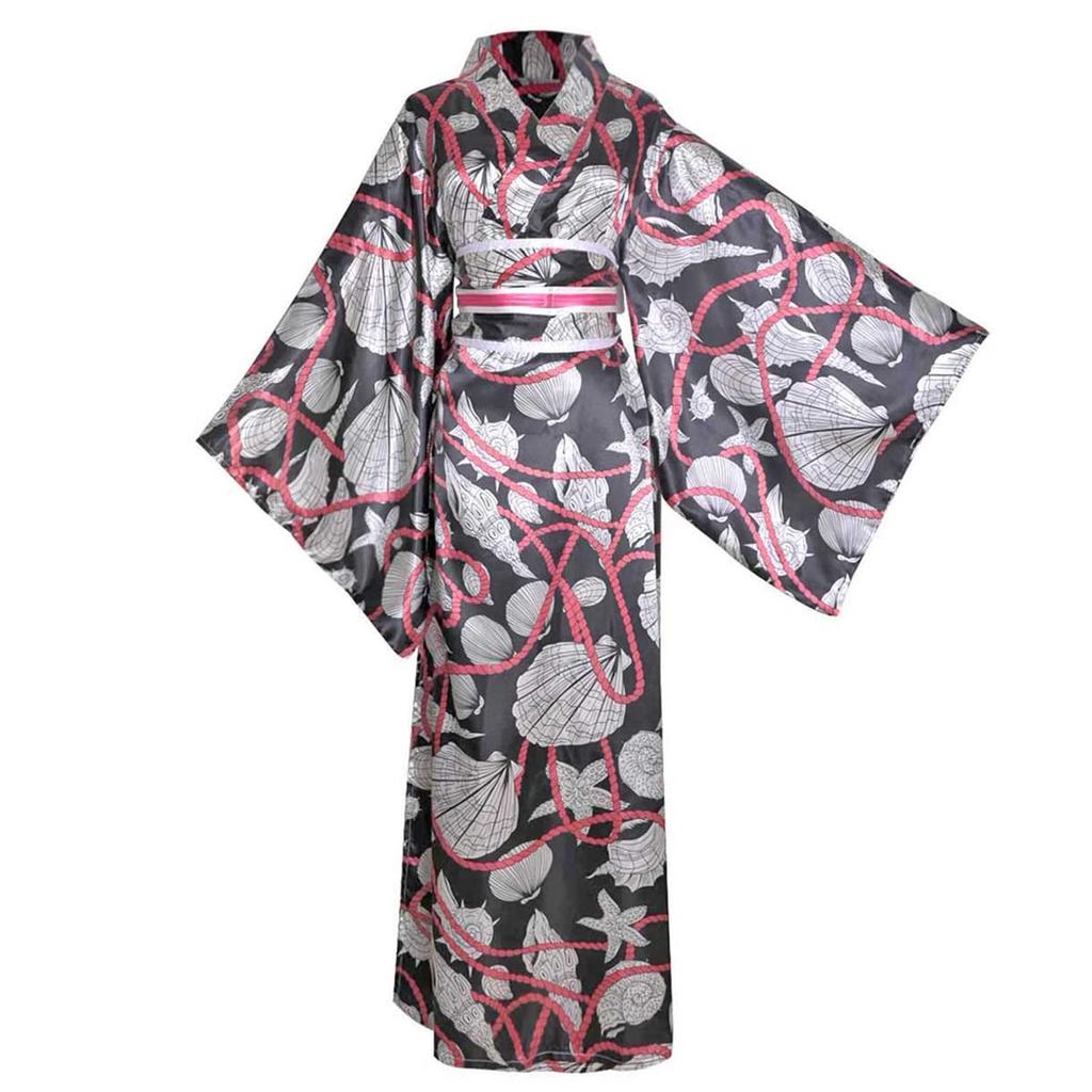 LanBuff Yukata Kimono Long Satin Fabric Pajamas Yukata Japanese Yukata Long Nightgown Women's Robe, Open-Front Loungewear, V-Neck Bathrobe, Pattern,