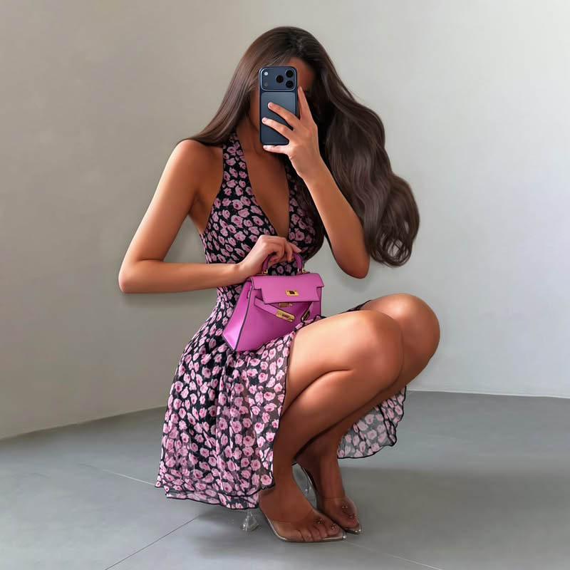 European and American women's clothing summer sweet and spicy style black and purple V-neck neck high waist thin A-word dress floral short skirt