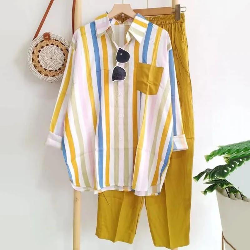 2Pcs/Set Women Outfit Shirt Pants Set Casual Elastic Waist Breathable Stripes Blouse Pants Suits Spring Summer Women Set