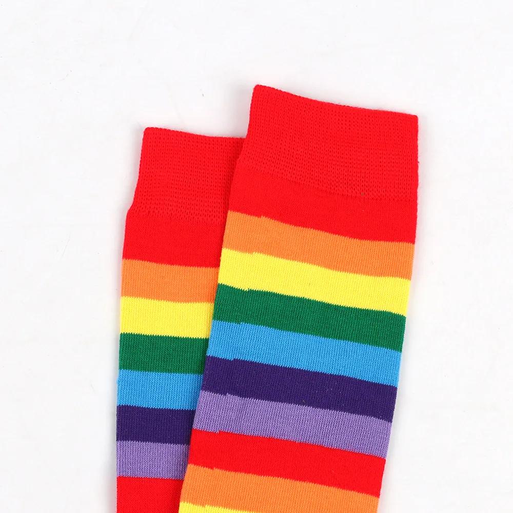 Women Fancy Rainbow Stripes Over Knee Long Socks Elbow Gloves Set Halloween Cosplay Costume Knitted Stretchhy Thigh High