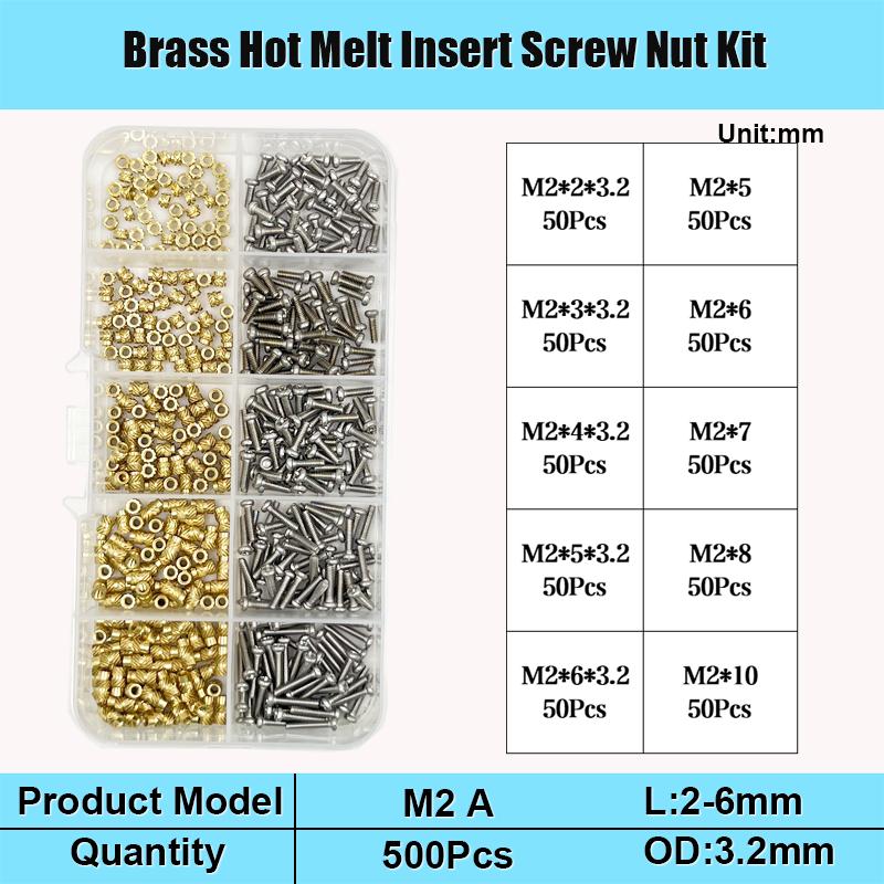 

Набор латунных вставных гаек и винтов 260-500 шт. M2 M3 M4 Вставная гайка с насечкой для горячей запрессовки, для литья под давлением, для 3D-принтера