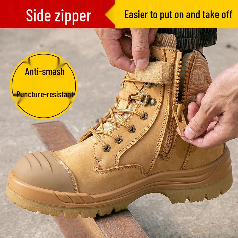 Men's High-Top Safety Boots, Yellow, Side Zipper, Anti-Smash & Anti-Puncture, PU/TPU Sole