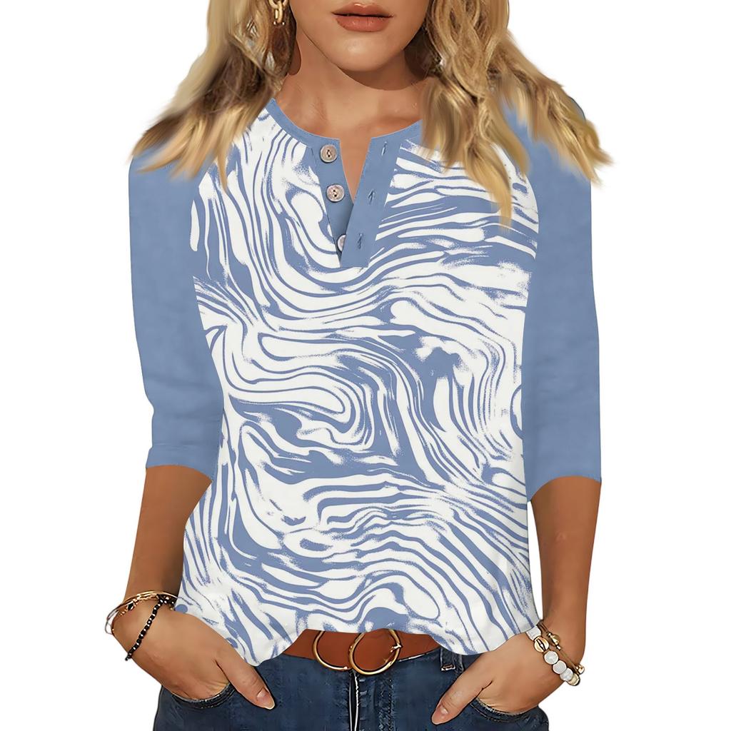 Women's T Shirt Print Button 3/4 Sleeve Daily Weekend Fashion Basic V- Neck Regular Top