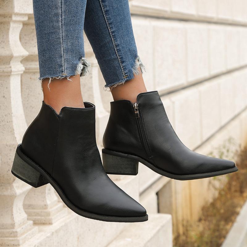 Autumn Women Ankle Boots Retro Style Pointed Toe Boots Solid Short Barrel Chunky Heel Western Boots Botines Mujer