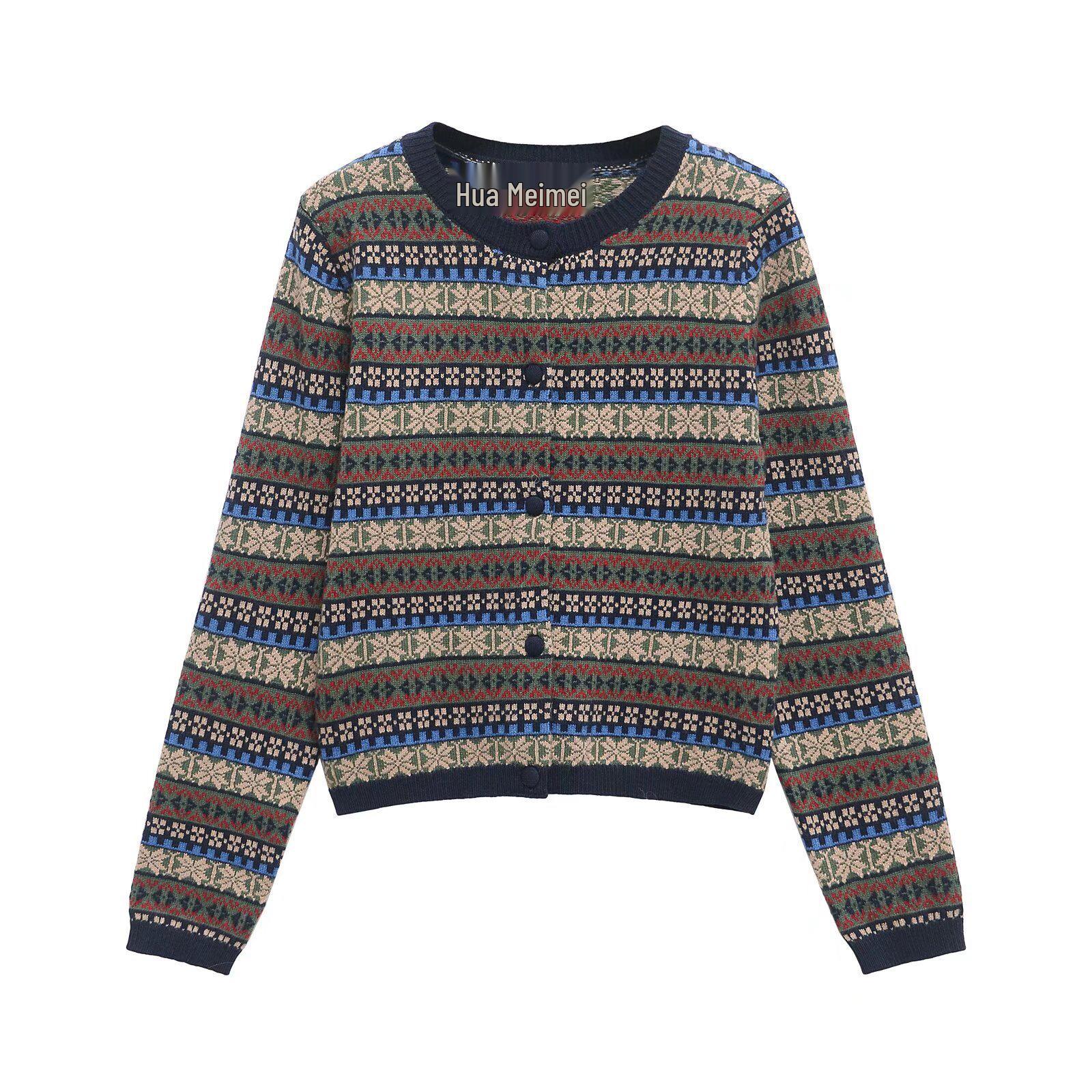 

2024 Women s Retro Color Block Striped Jacquard Long Sleeve Knit Cardigan L