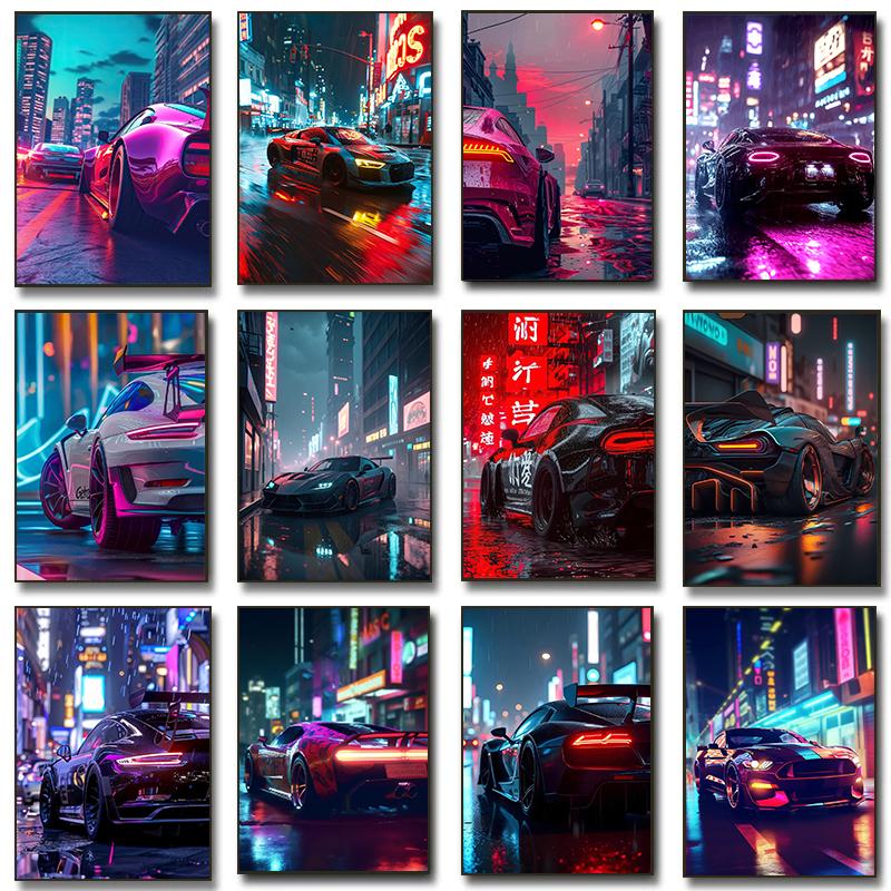High Tech Super Car Poster Luxury Car LED Sports Races Neon Lit City Prints Canvas Painting Wall Picture Home Man's Room Decor