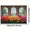 2D Indoor Garden Banner, Vibrant Tulips and Arched Windows Backdrop for Decor