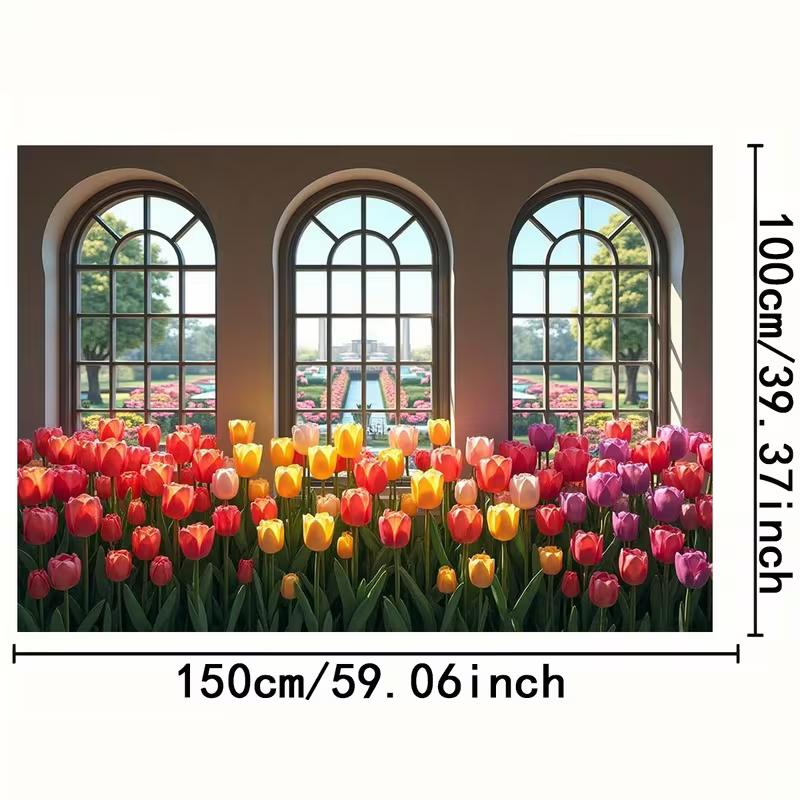2D Indoor Garden Banner, Vibrant Tulips and Arched Windows Backdrop for Decor