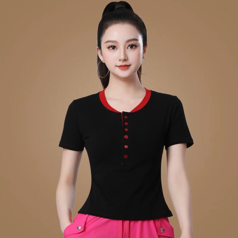Summer Women's Slimming Dance T-Shirt: Round Neck, Button-Down, Versatile, Short Sleeve, Cotton Fashion Top