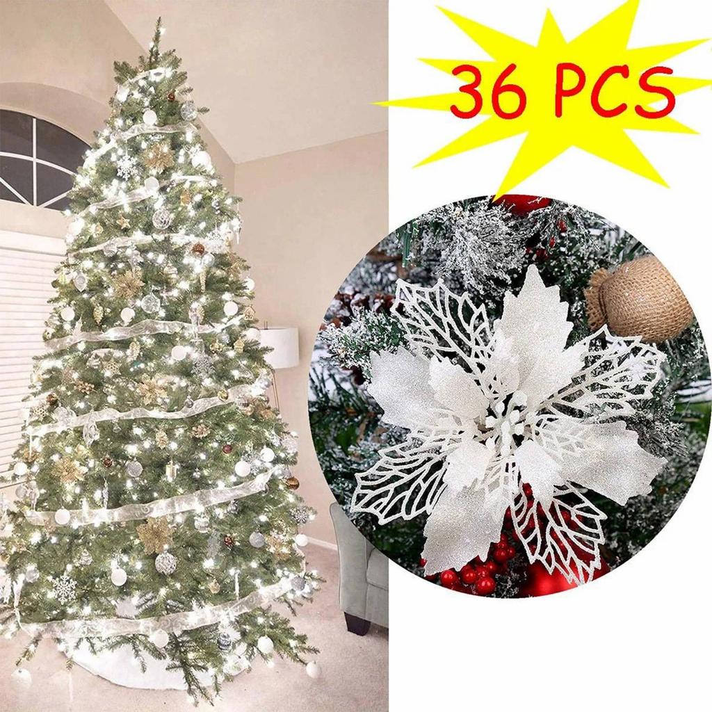 Set Of 36 Pcs Christmas Poinsettia Flowers Ornaments Glitter Floral Accessories Xmas Wreath Tree Decorations For Party Home Wedding