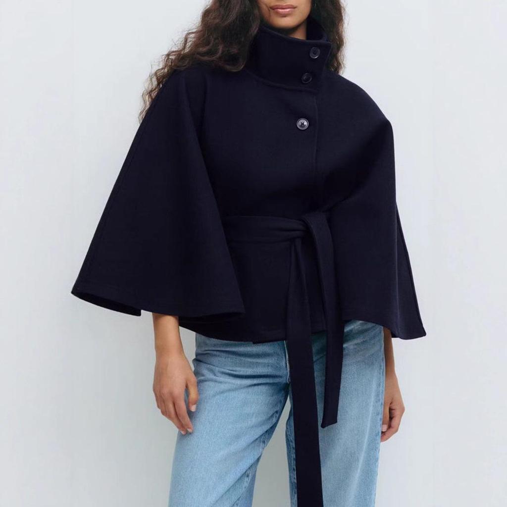 Women's European & American Autumn/Winter Solid Cloak Trench Coat with Stand-up Collar and Waist Belt
