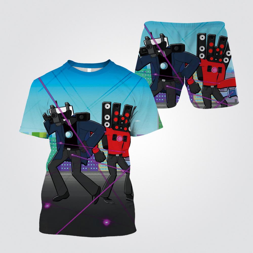 Summer Round Neck 3D Cartoon Toilet Person Vs. Monitoring Person Printed Set Fashionable and Casual Short Sleeved Shorts Children's Boy Clothing Sets