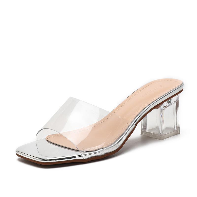 Fashion Women Open Toe Transparent Crystal Heel Thick Sandals Slide Slippers Outdoor Vulcanized Shoes Summer High Heels