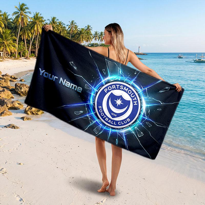Portsmouth FC Custom Beach Towel, Personalized Name Text Print, Football Logo Soft Quick‑Dry Towel Holiday Gift