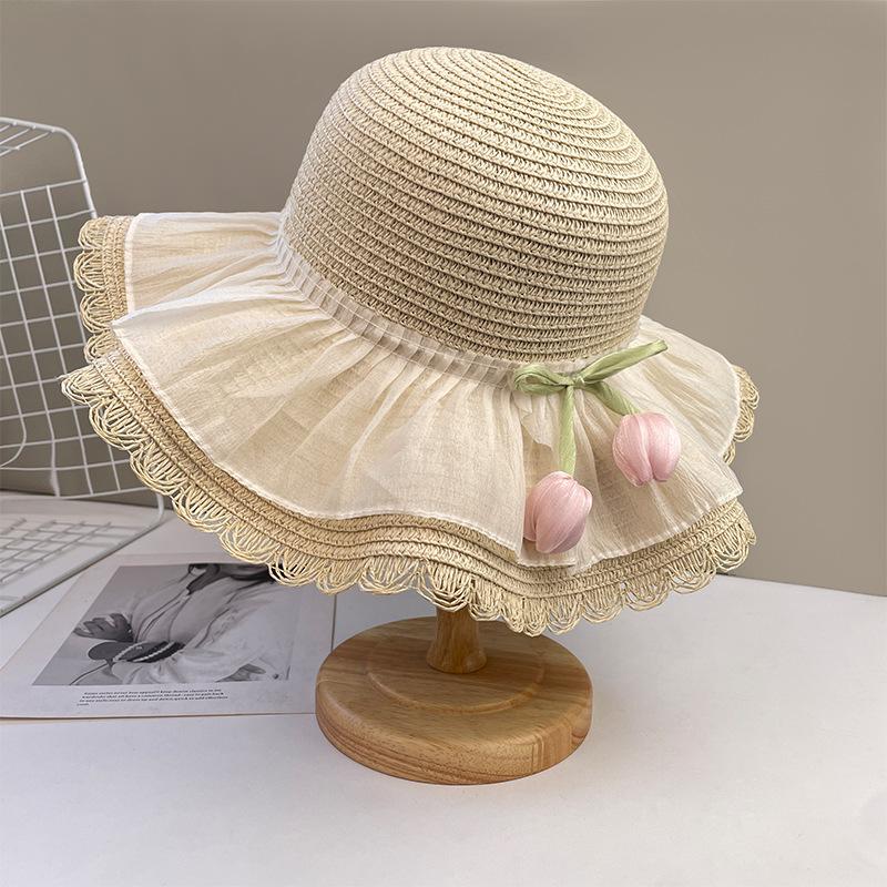 Seaside Beach Hat Lace Straw Hat Children Summer Visor Breathable Sunscreen Bucket Hat Vacation Style Straw Hat