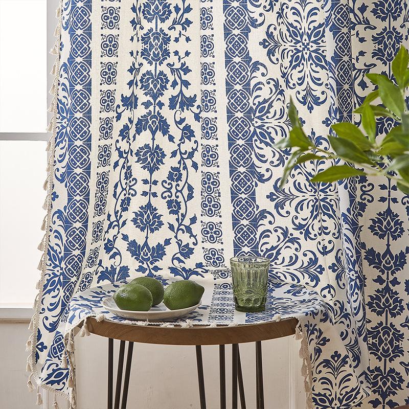 Vintage Blue and White Porcelain Cotton Linen Curtains Semi-Blackout Curtains Kitchen Rod-Through Printed Door Curtains